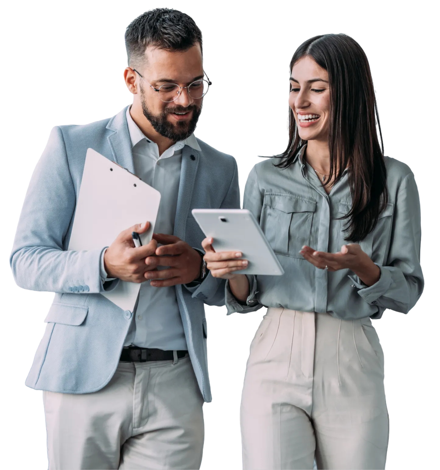 Two professionals discussing with a tablet.